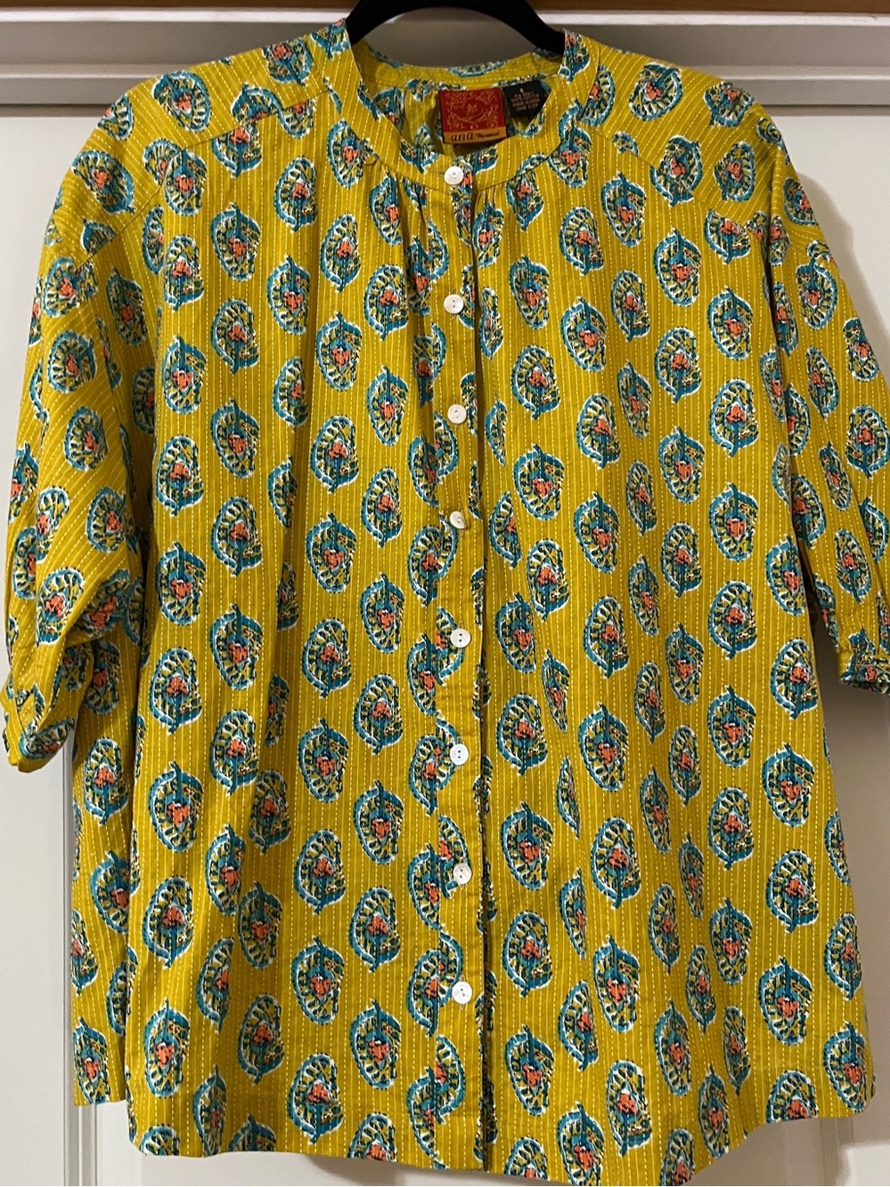 Anu Mustard Yellow Block Print Cotton Short Kurta Blouse Oversized Small Boho